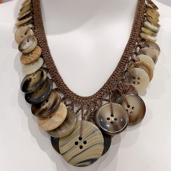 BOHEMIAN HANDMADE NECKLACE, crochet knitting, Macrame Thread & buttons in Brown - Picture 4 of 5